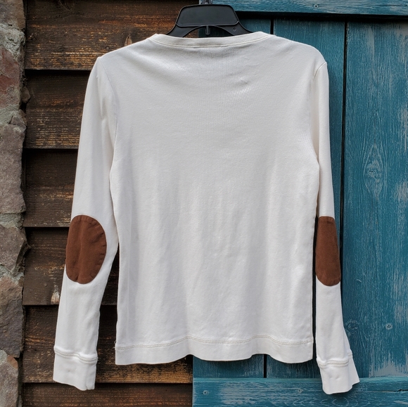 Ralph Lauren LRL Womens Top Faux Suede Elbow Patches Scoop Neck Ivory L - Picture 3 of 6
